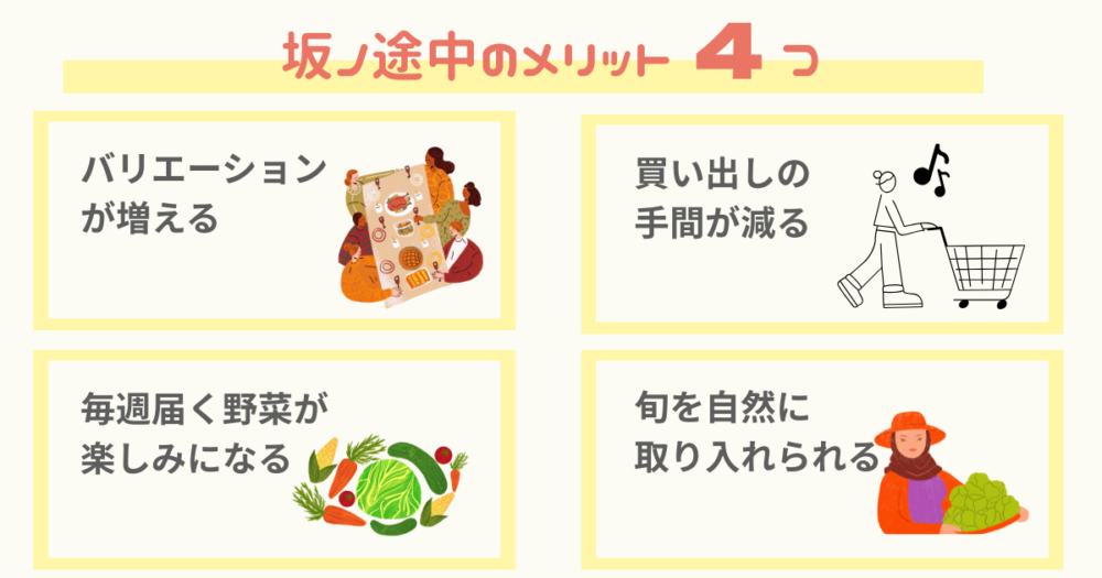 坂ノ途中のメリット①献立のバリエーションが増える②買い出しの手間が減る③毎週野菜が届くのが楽しみになる④旬を自然に取り入れられる