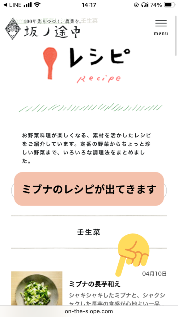 ミブナのレシピが出てきた画面