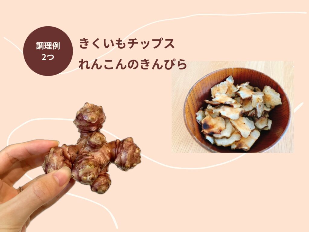 調理例2つ。きくいもチップスとれんこんきんぴら