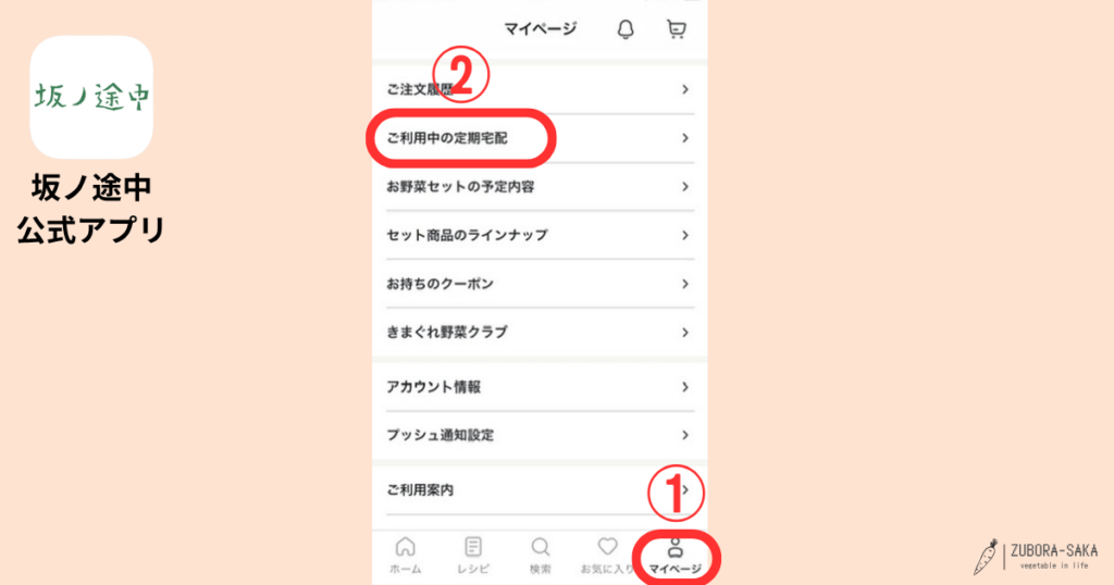 坂ノ途中公式アプリのマイページ画面。画面下のマイページタブから「ご利用中の定期宅配」を開く解約手順の図解