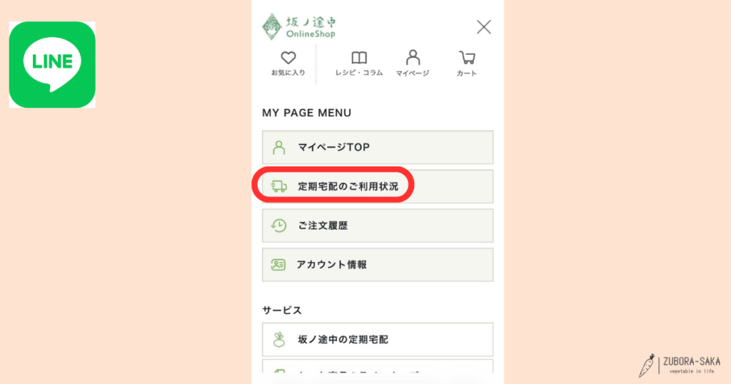 坂ノ途中オンラインショップのメニューからマイページを開き「定期宅配のご利用状況」を選ぶ解約手順の図解