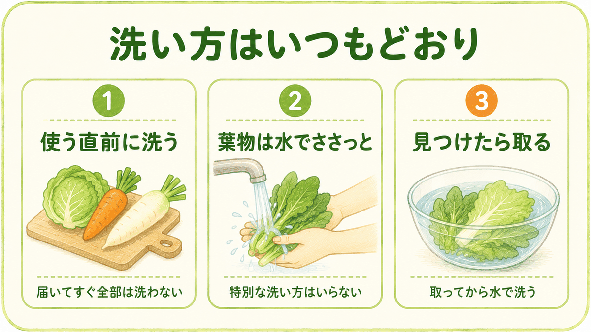 坂ノ途中の野菜の洗い方(使う直前に洗う・葉物は水でささっと・虫は取ってから洗う)をまとめた図