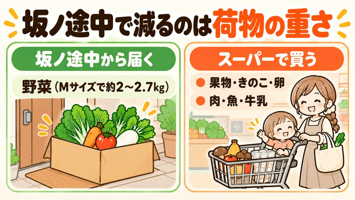坂ノ途中から届く野菜と、スーパーで買う果物・きのこ・卵・肉・魚・牛乳を左右に分けた図