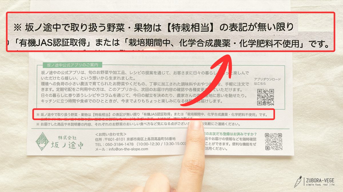坂ノ途中のお野菜の説明書の注記。特栽相当の表記がない限り「有機JAS認証取得」または「栽培期間中、化学合成農薬・化学肥料不使用」と書かれている