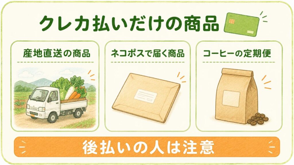 坂ノ途中でクレジットカード払いだけの商品は、産地直送の商品・ネコポスで届く商品・コーヒーの定期便の3つ。後払いの人は注意